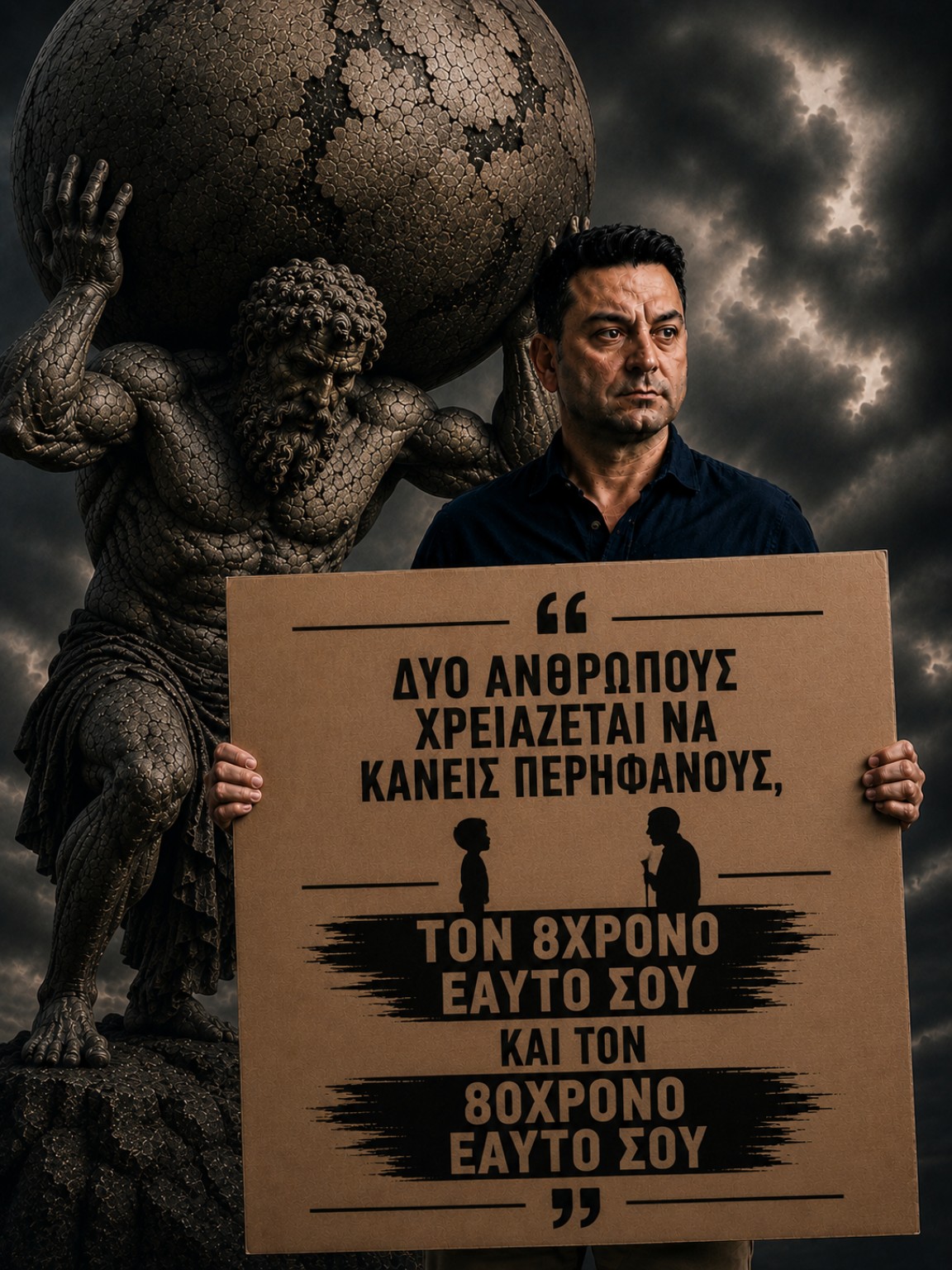 Ο Δρ Δημήτριος Χιώνης μπροστά από άγαλμα του Άτλαντα, κρατώντας πινακίδα με το μήνυμα του Human Compass